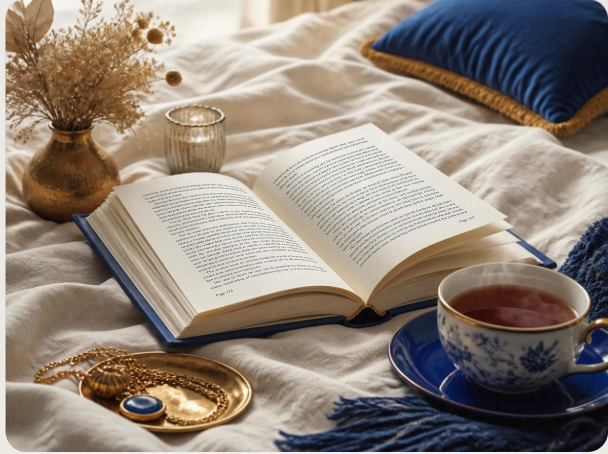 An open book on a soft cream blanket with a cup of tea and gold accents