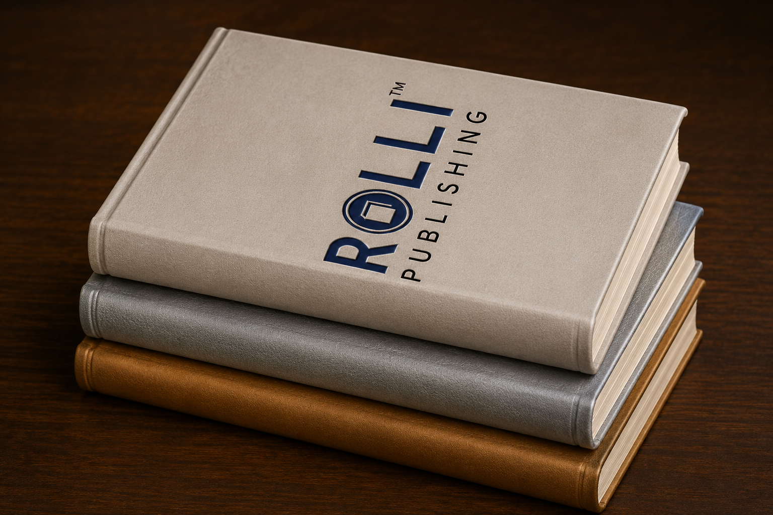 A stack of gold, silver and cream hardcover books published by Rolli Publishing